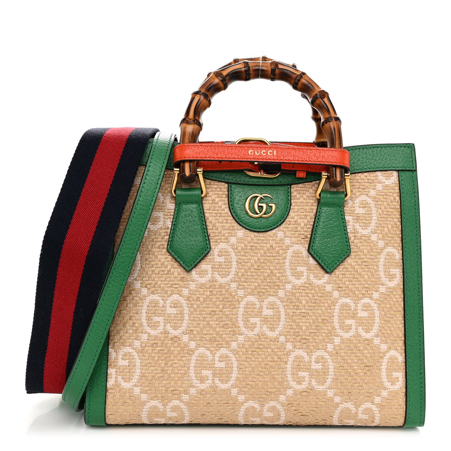 Gucci Raffia Textured Dollar Calfskin Web GG Monogram Small Diana Tote Bag Natural White New Shamarock Deep Orange 1 of 9