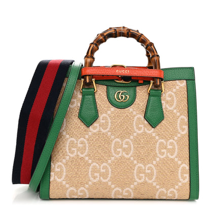 Gucci Raffia Textured Dollar Calfskin Web GG Monogram Small Diana Tote Bag Natural White New Shamarock Deep Orange 1 of 9