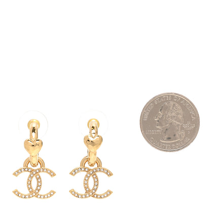 Chanel Metal Crystal CC Heart Drop Hoop Earrings Gold 2 of 5