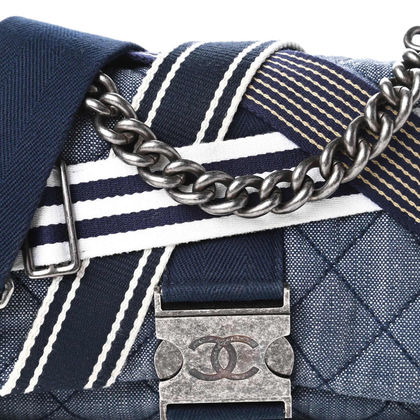 Denim Quilted Medium Airlines Buckle Messenger Bag Blue