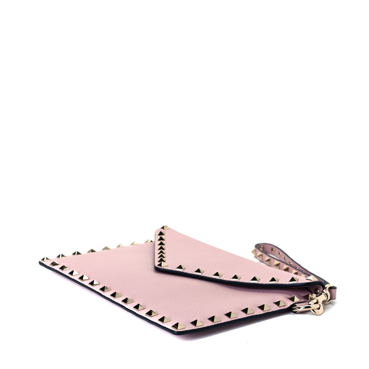 Pebbled Calfskin Medium Rockstud Envelope Flat Wristlet Pouch Water Rose