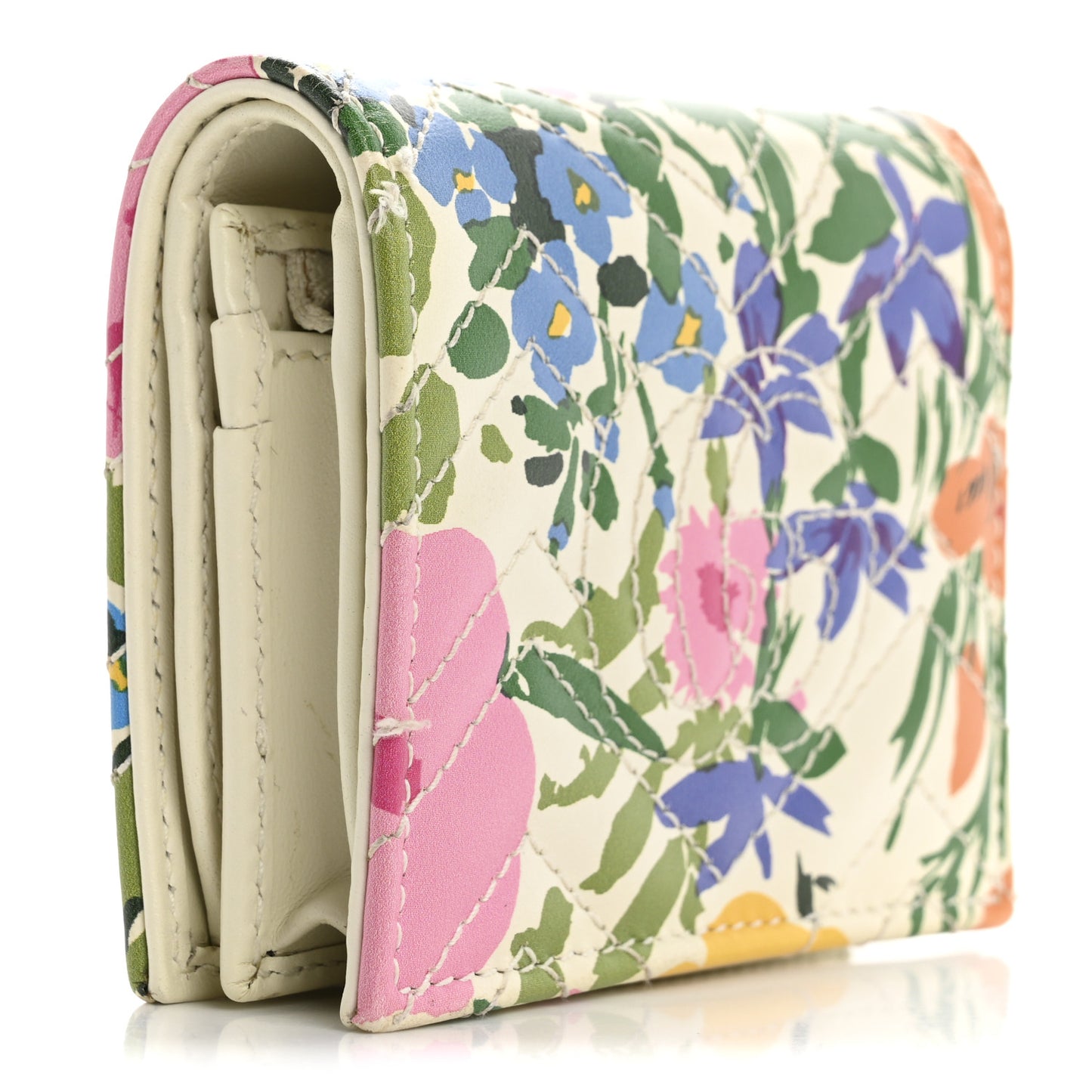 X KEN SCOTT Calfskin Matelasse Floral Print GG Marmont Card Case Wallet Ivory Pink