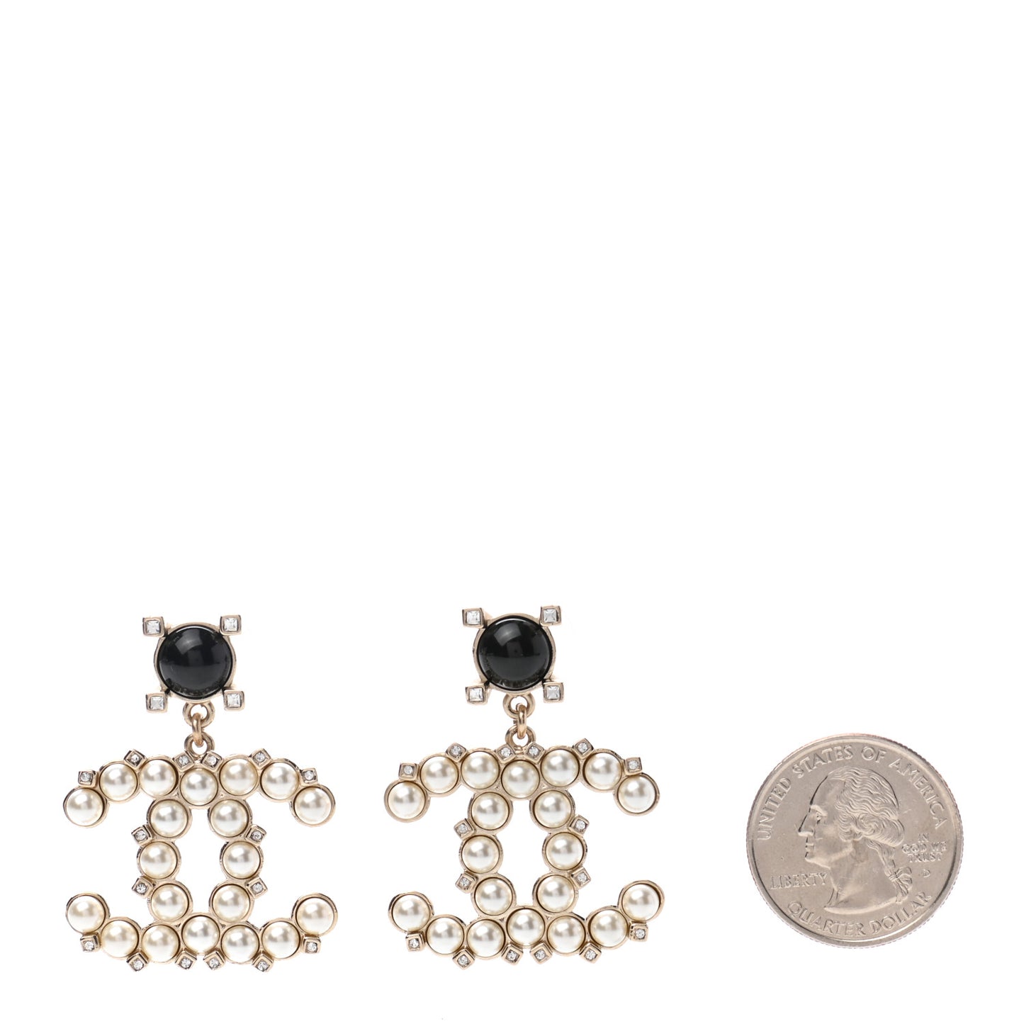 Resin Crystal Pearl CC Drop Earrings Black Gold