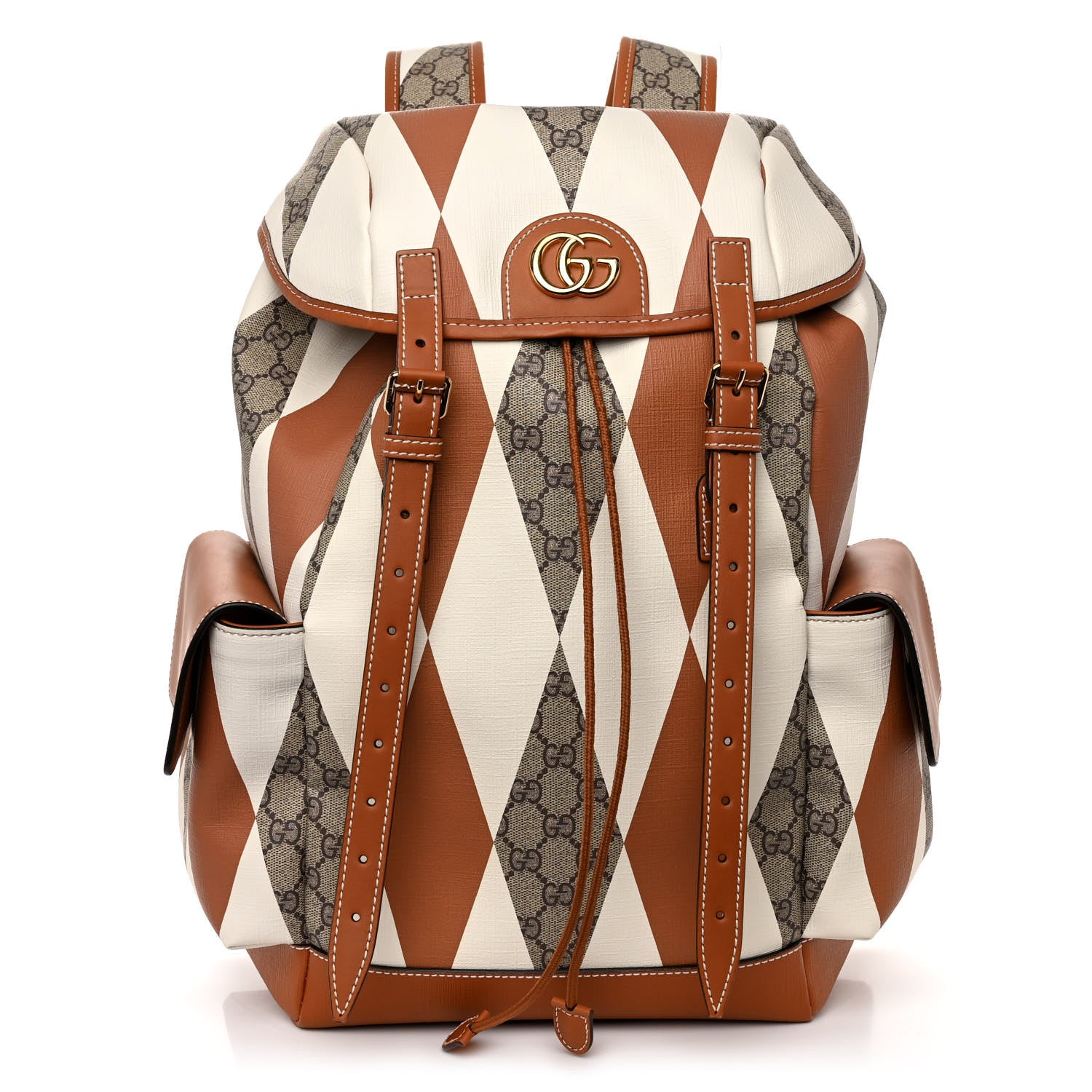 Gucci GG Supreme Monogram Calfskin Rhombus Print Medium Ophidia Double Buckle Backpack Beige Ebony Mystic White Hazel Brown 1 of 9