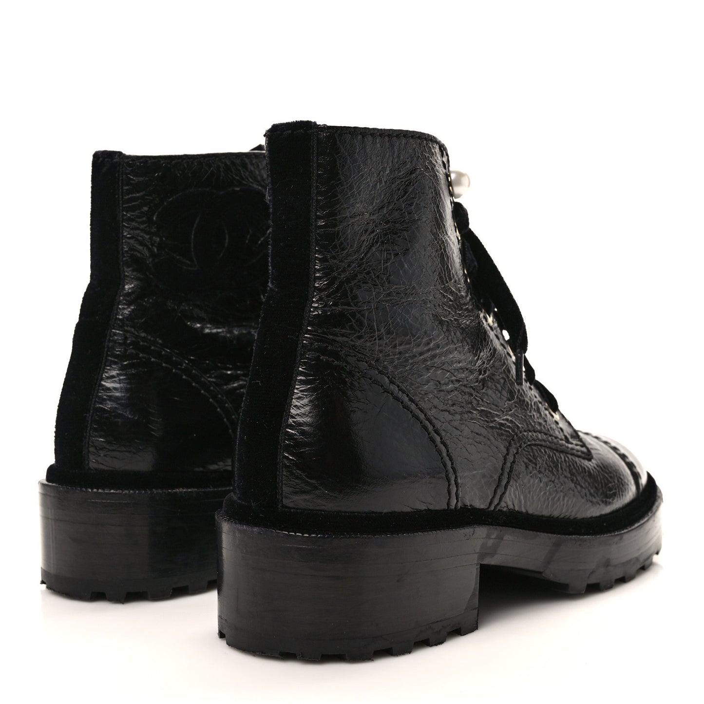 Shiny Calfskin Velvet Pearl Combat Short Boots 36 Black