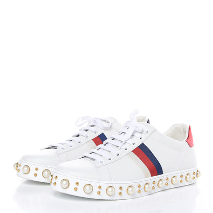 Gucci Calfskin Ayers Web Pearl Studded Womens Ace Sneakers 41 White 3 of 8