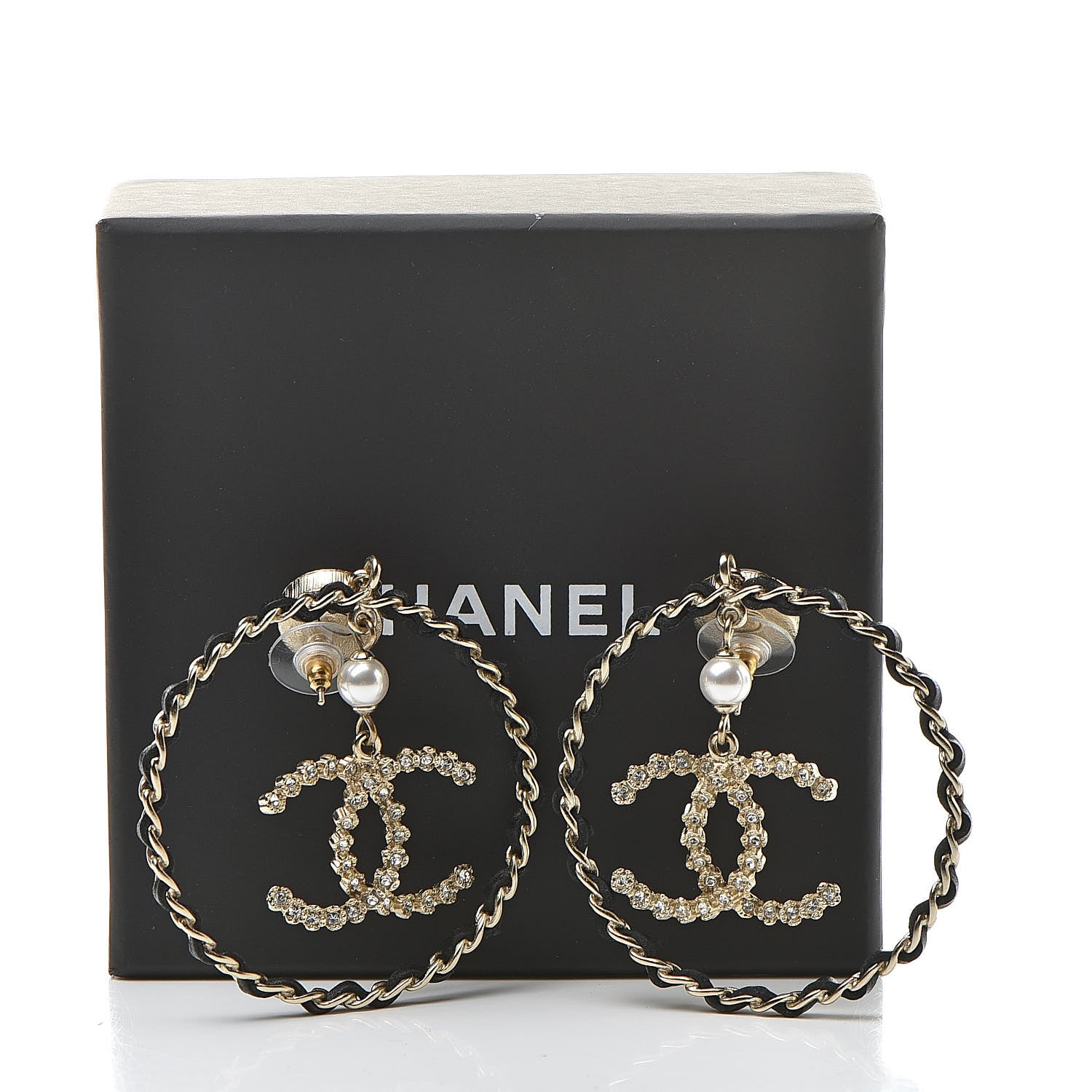 Chanel Lambskin Crystal Pearl CC Chain Hoop Earrings Gold Black 5 of 5
