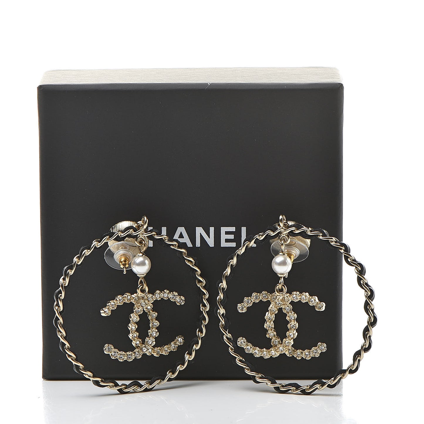 Lambskin Crystal Pearl CC Chain Hoop Earrings Gold Black