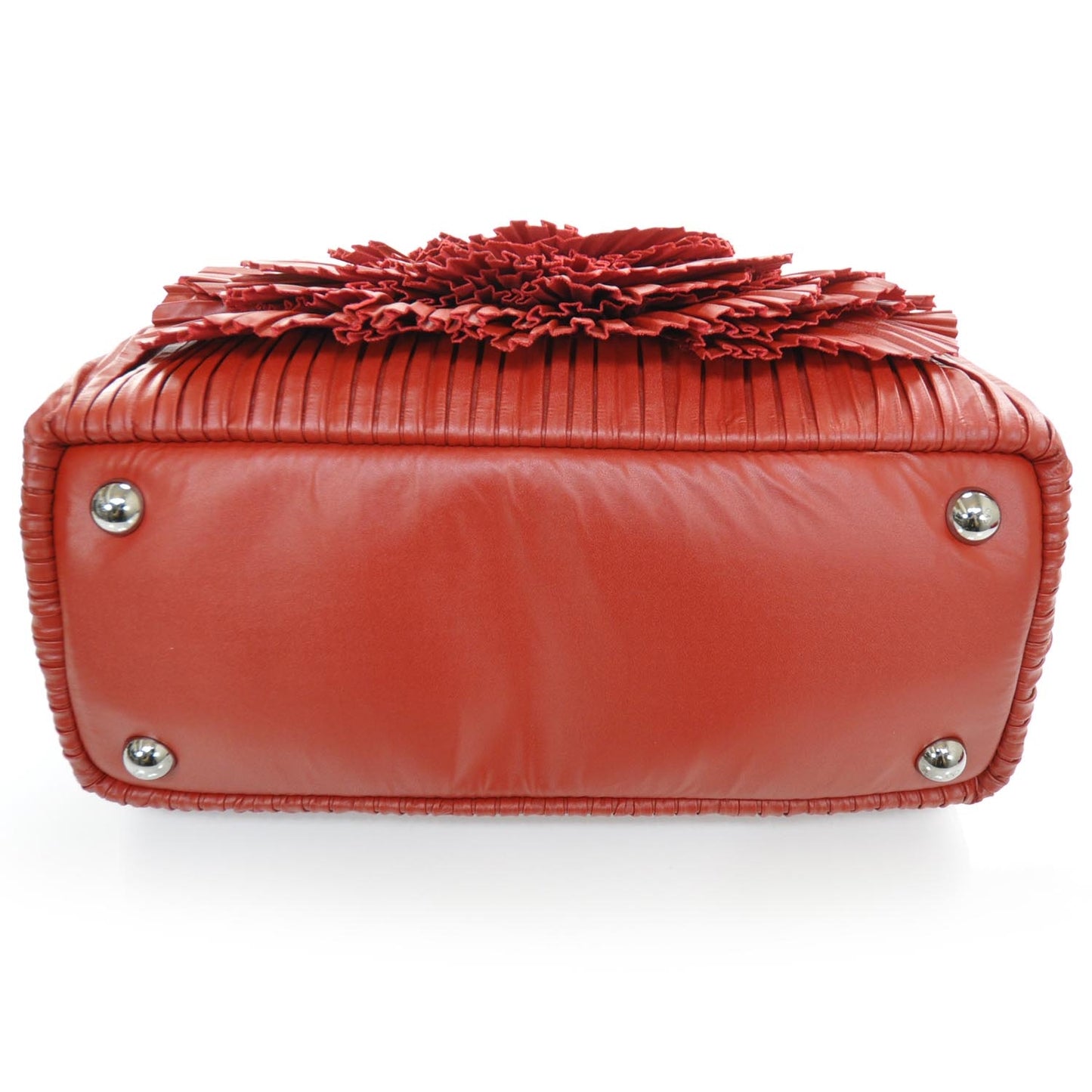 Leather Pleated Rosette Tote Red