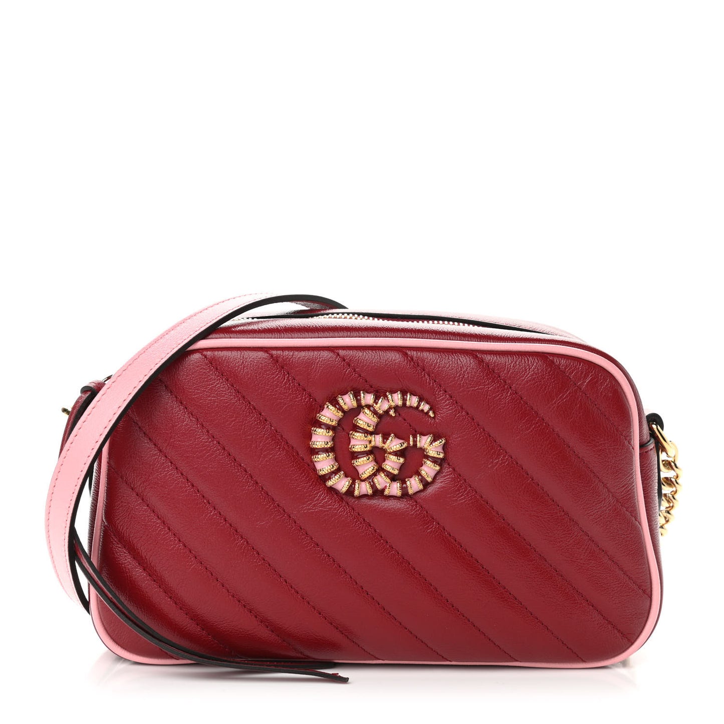 Azalea Calfskin Enamel Matelasse Diagonal Small Torchon GG Marmont Chain Shoulder Bag New Cherry Red Wild Rose