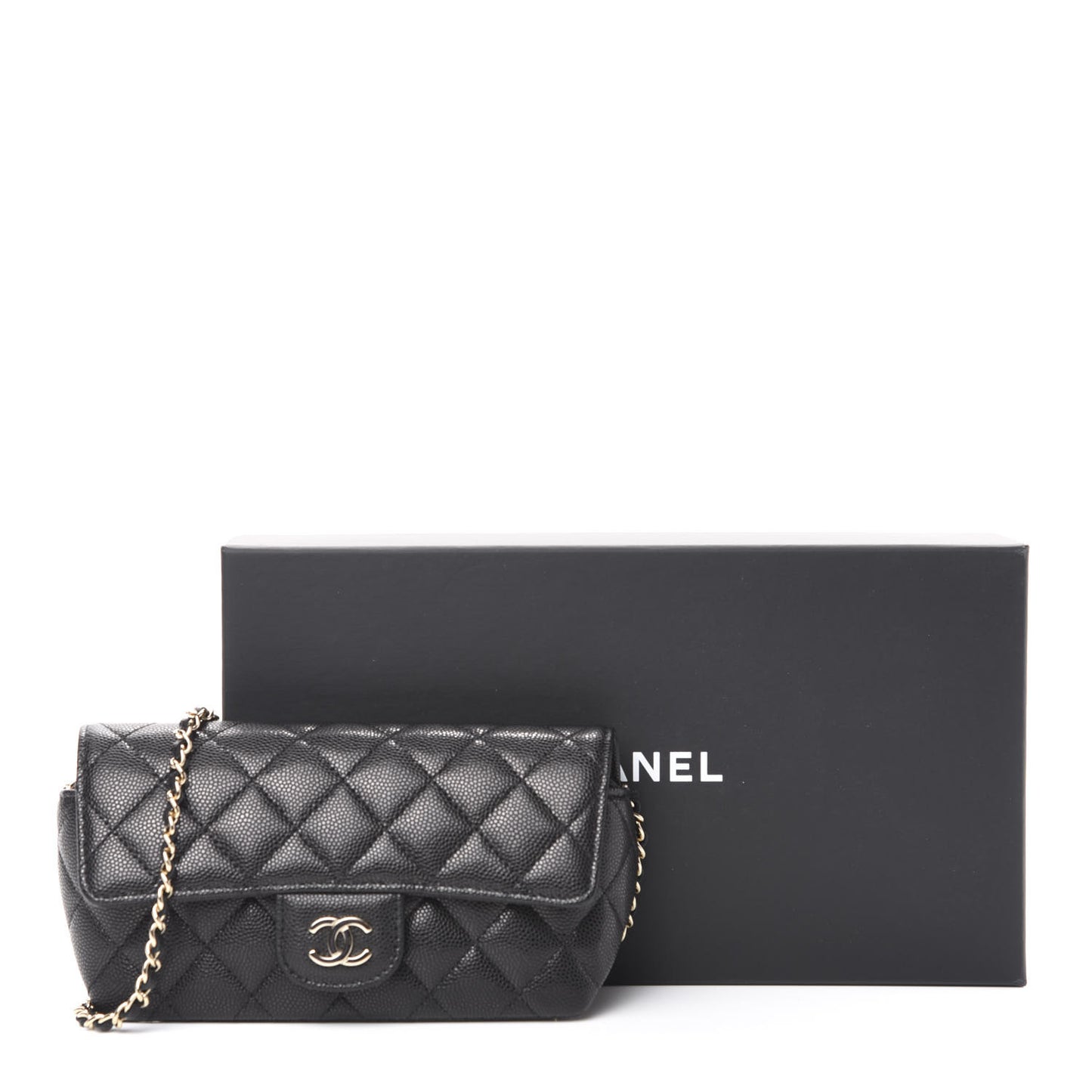 Caviar Quilted Glasses Case With Chain Black