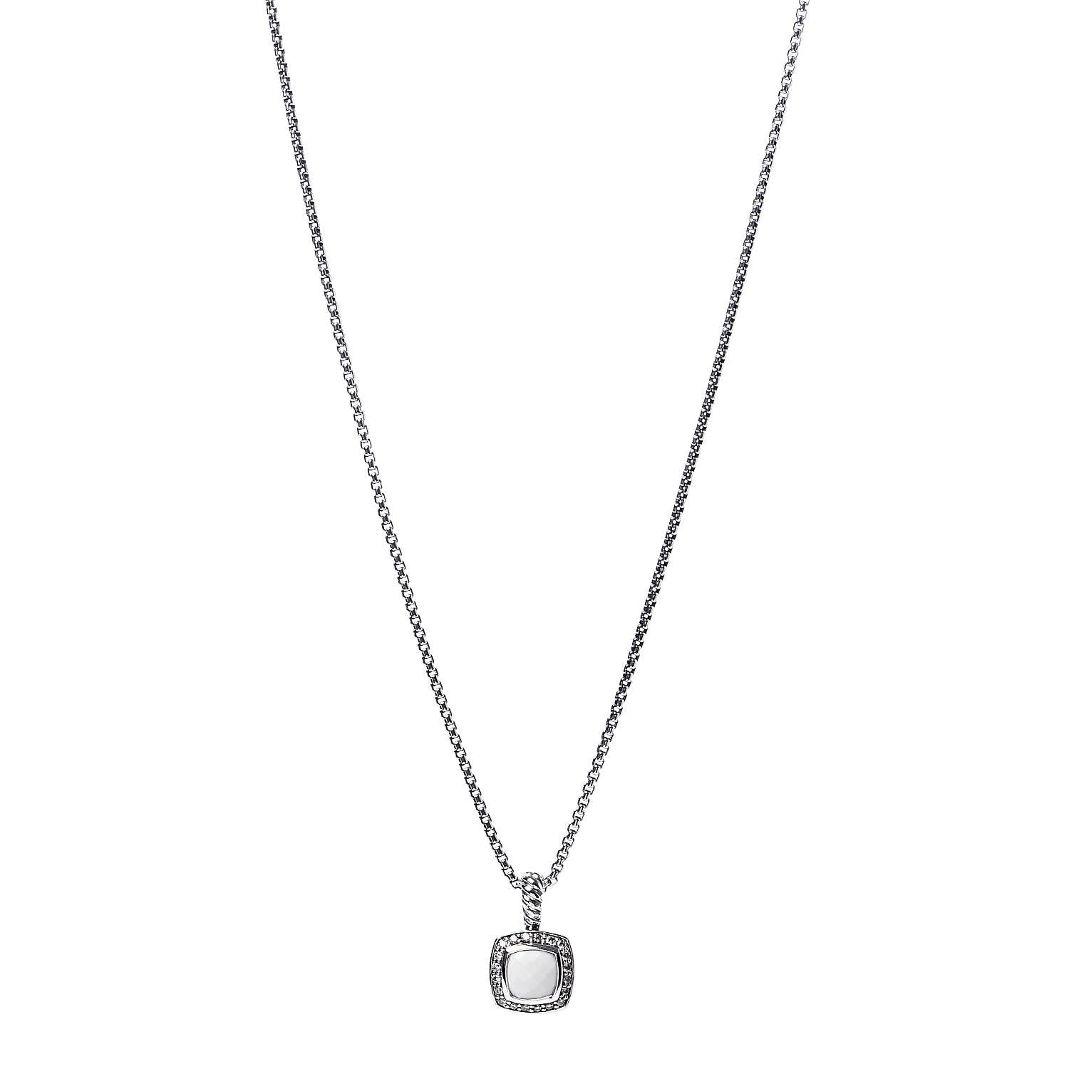 David Yurman Sterling Silver White Agate Diamond 7mm Petite Albion Pendant Necklace 1 of 6