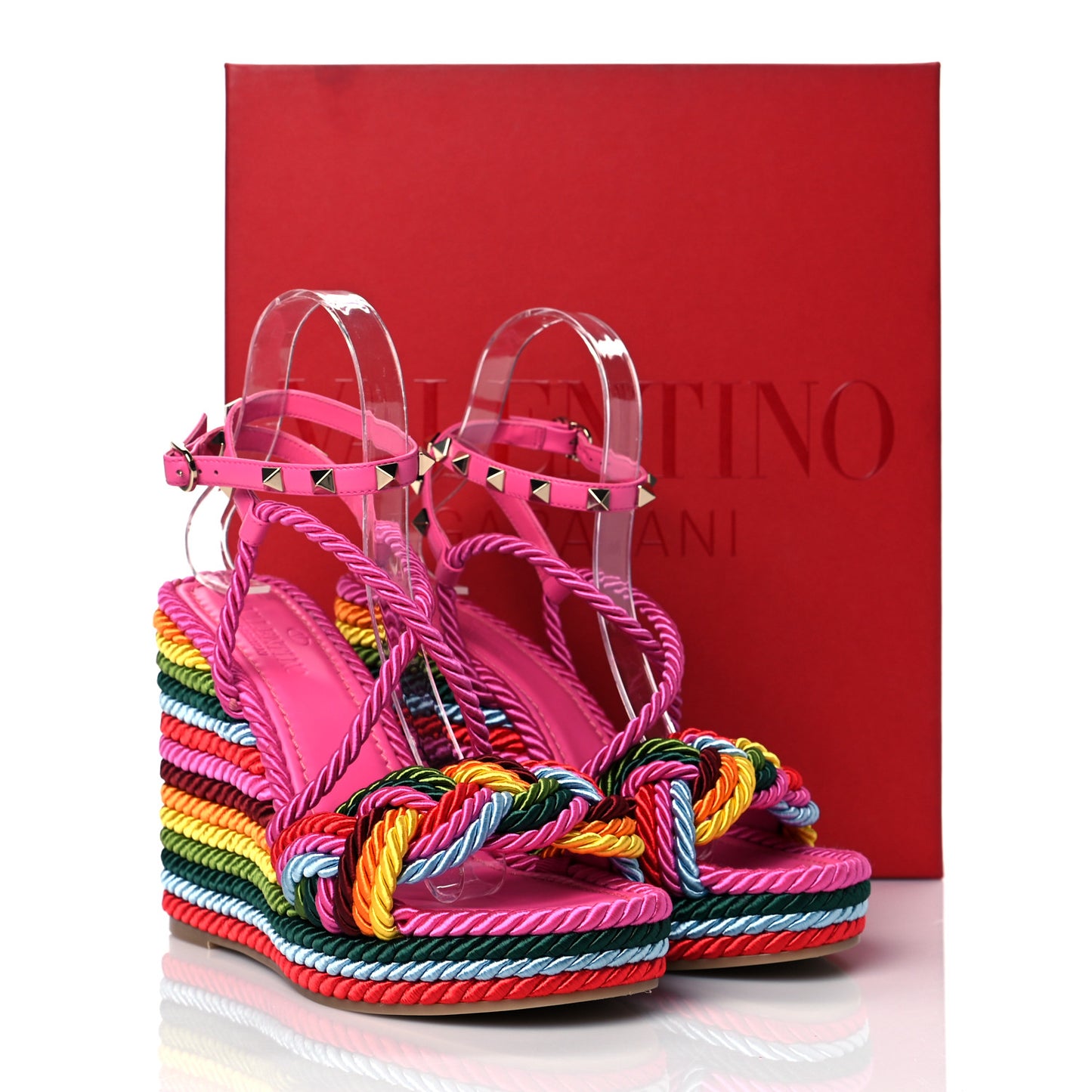 Calfskin Rockstud Ankle Strap Torchon Espadrille 25/115mm Wedge Sandals 37 Feminine Pink Multicolor