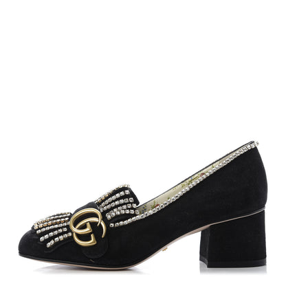 Gucci Kid Scamosciato Crystal GG Marmont Fringe 50mm Loafer Pumps 36 Black 1 of 9