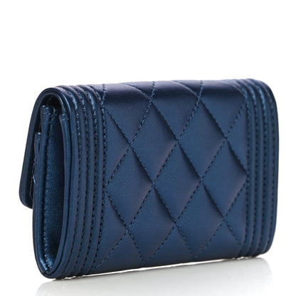 Chanel Metallic Lambskin Quilted Boy Flap Card Holder Blue 3 of 12