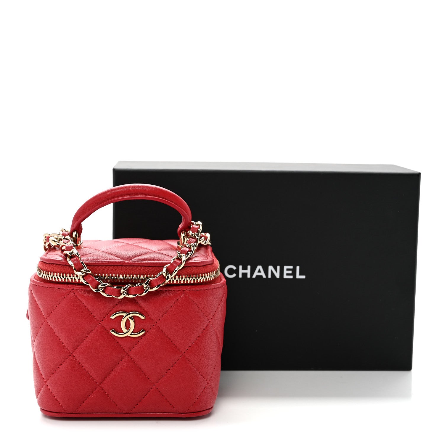Chanel Lambskin Quilted Mini Top Handle Vanity Case With Chain Red 11 of 11