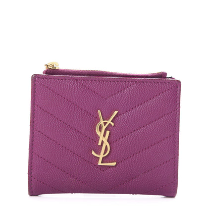 Saint Laurent Grain De Poudre Matelasse Chevron Monogram Zipped Card Case Dark Grape 1 of 14