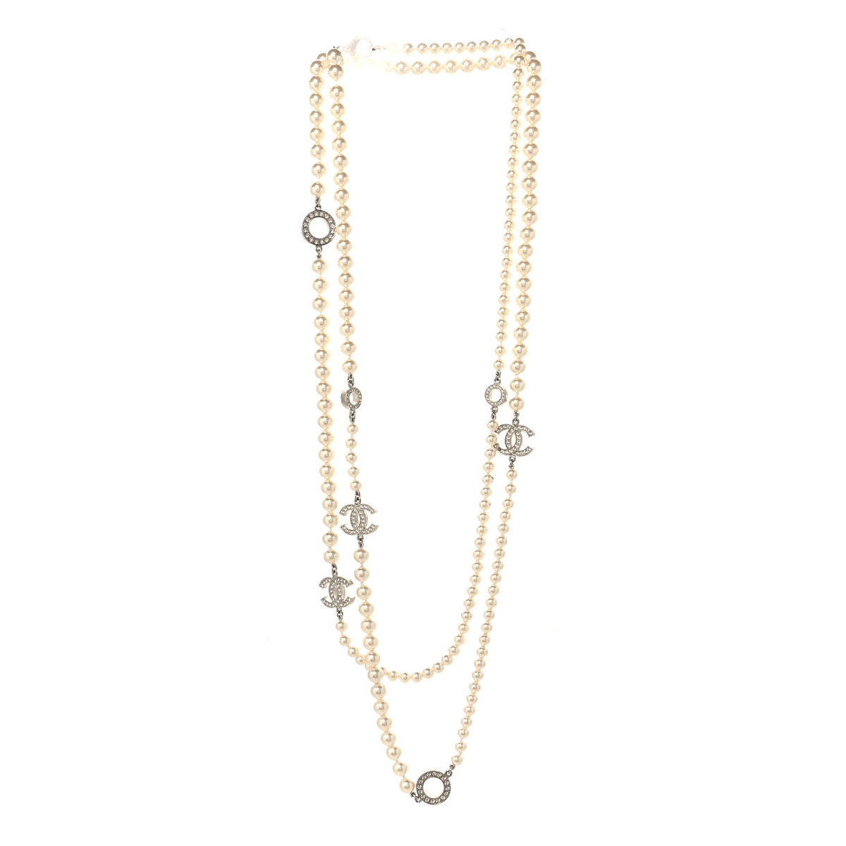 Graduated Pearl Crystal CC Long Necklace Silver