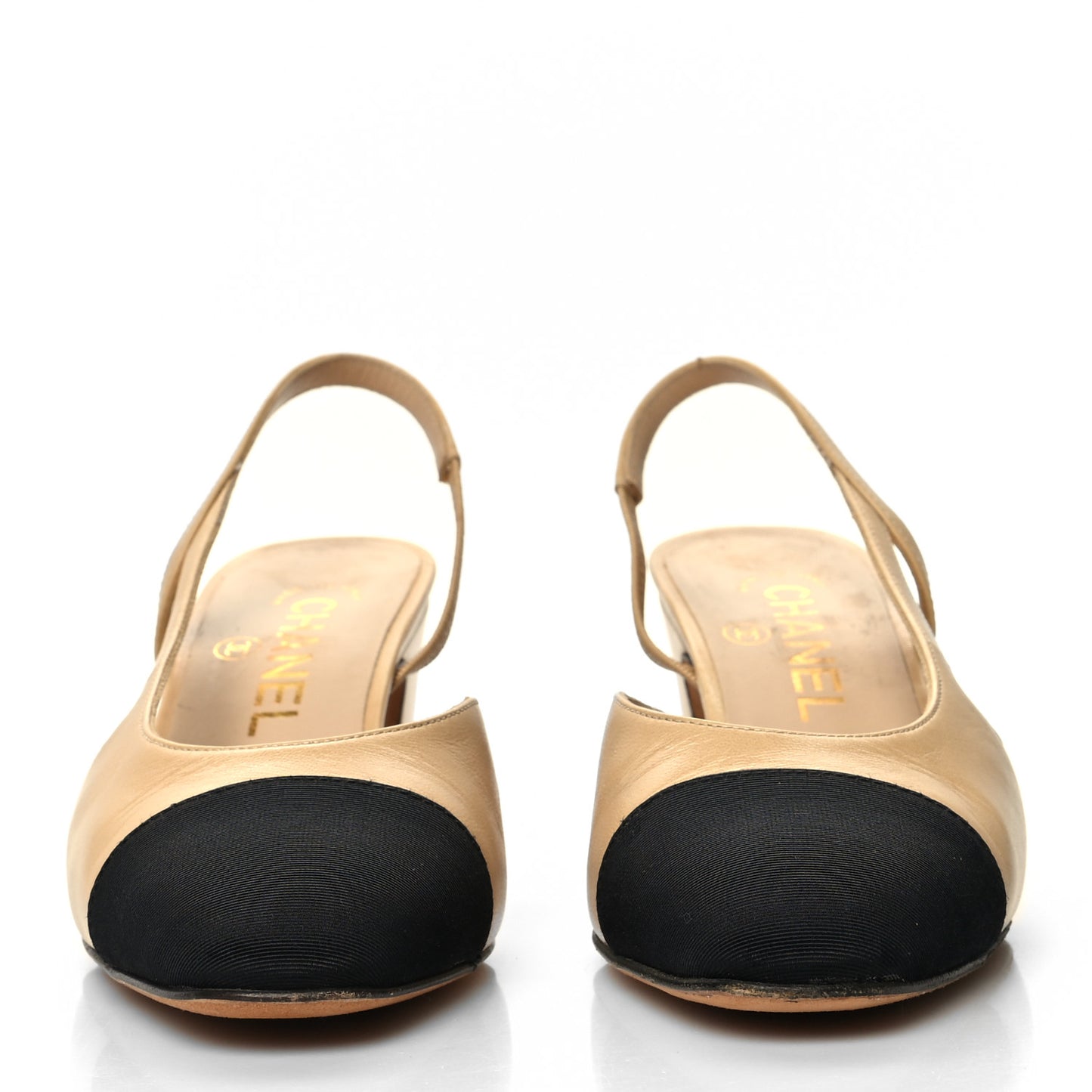 Goatskin Grosgrain Cap Toe CC Slingback Pumps 35.5 Beige Black