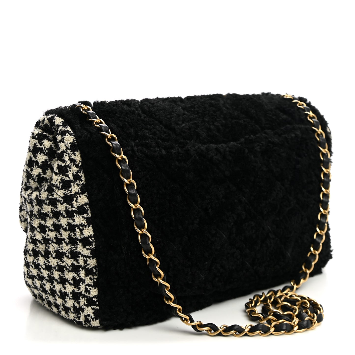 Shearling Sheepskin Tweed Quilted Single Flap Black
