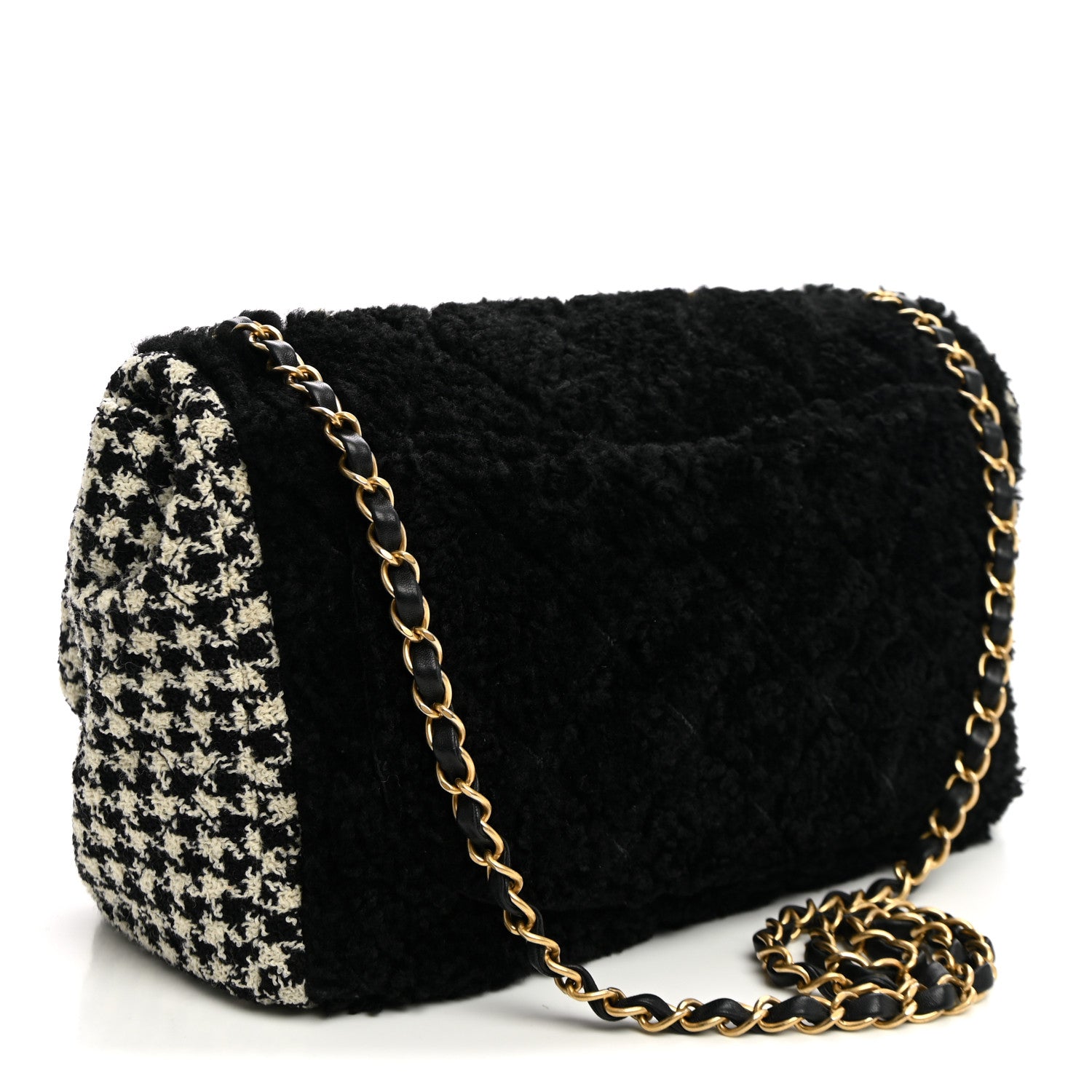 Chanel Shearling Sheepskin Tweed Quilted Single Flap Black 3 of 11