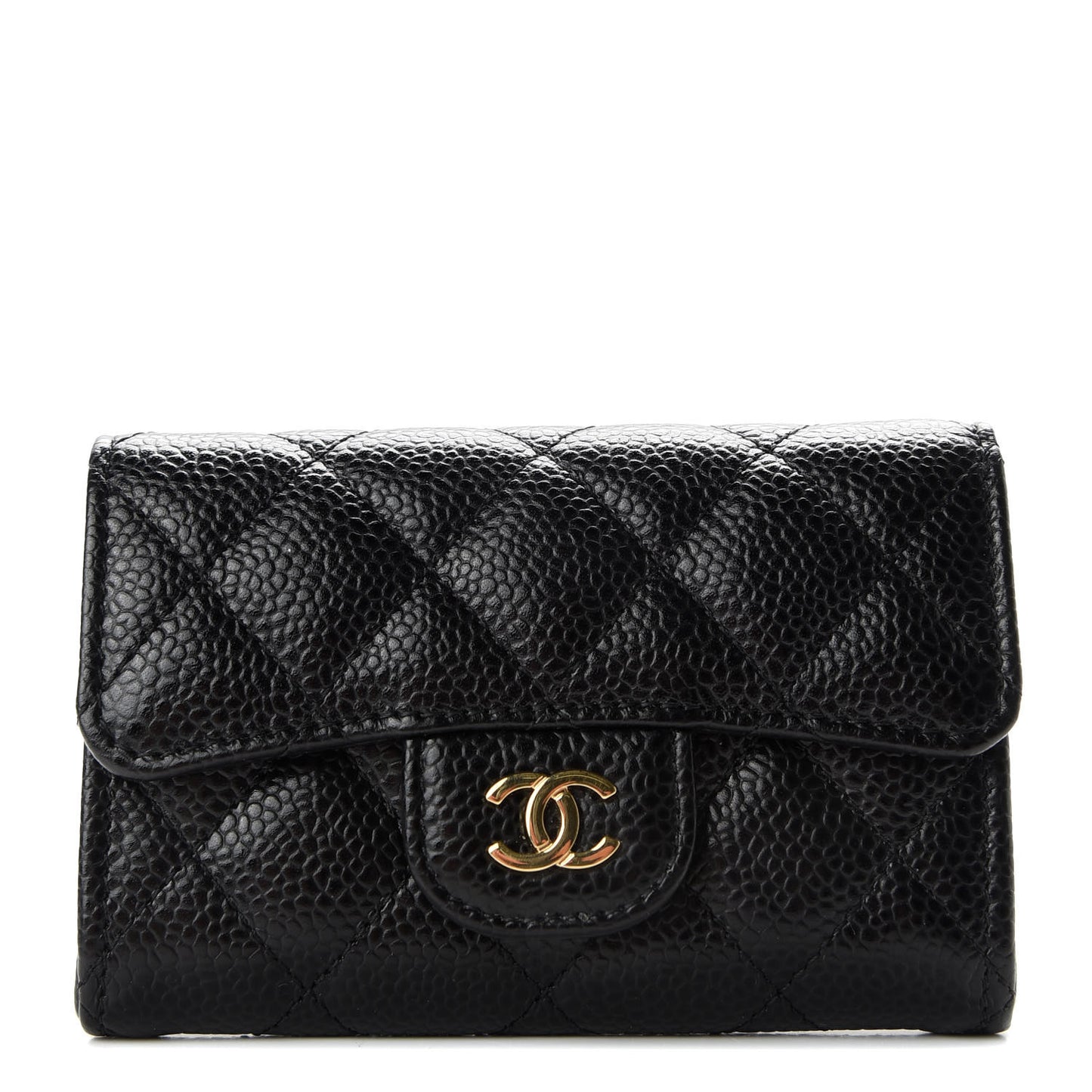 Caviar Quilted Flap Card Holder Wallet Black