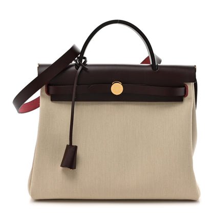 Hermes Military Toile Vache Hunter Herbag Zip Retourne 31 PM Beton Rouge Sellier 1 of 13
