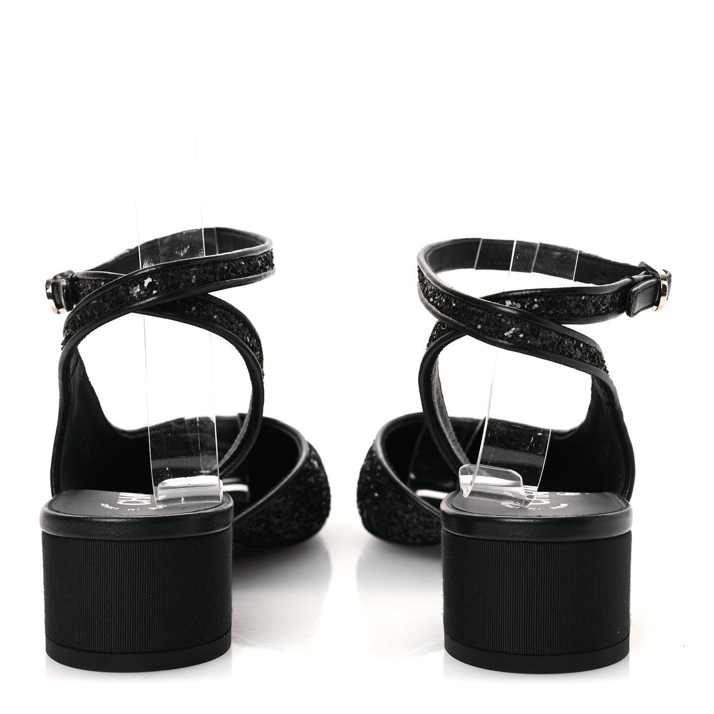 Glitter Grosgrain Cap Toe CC Ankle Wrap Pumps 38 Black