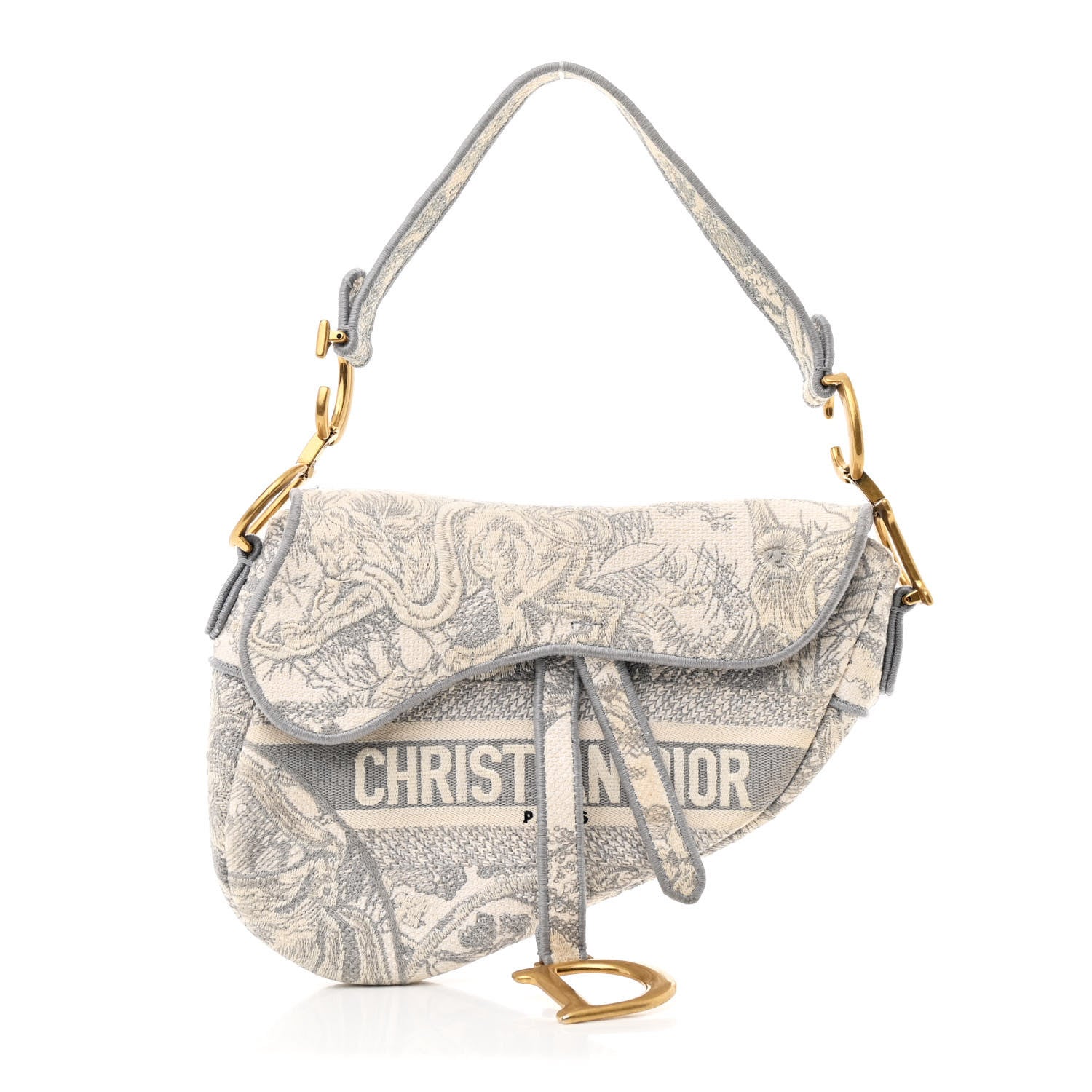 Christian Dior Canvas Embroidered Toile de Jouy Saddle Bag Gray