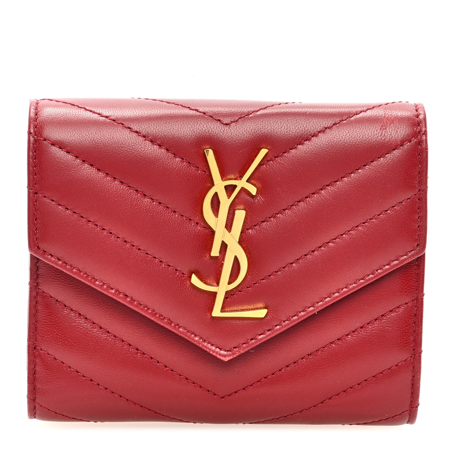 Saint Laurent Lambskin Matelasse Chevron Monogram Compact Tri Fold Wallet Red 1 of 6