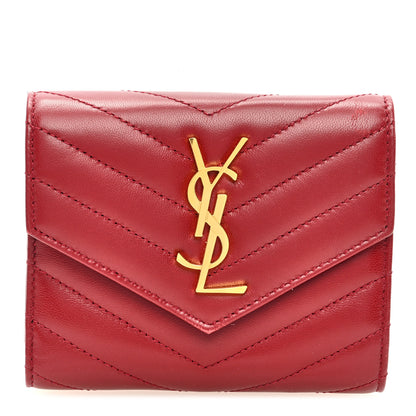 Saint Laurent Lambskin Matelasse Chevron Monogram Compact Tri Fold Wallet Red 1 of 6