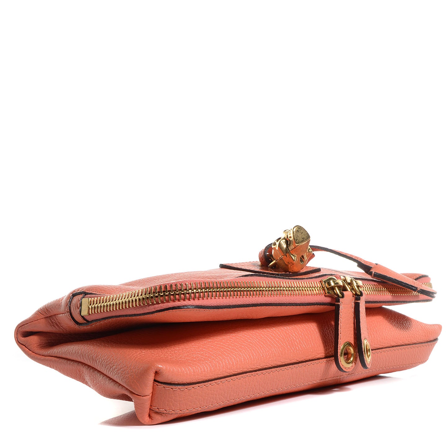 Grainy Calfskin Padlock Skull Clutch Coral