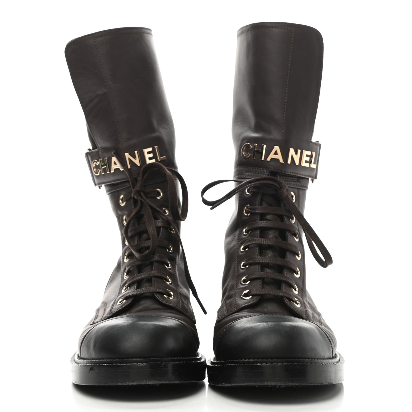 Shiny Calfskin Lace Up Combat Boots 38.5 Dark Brown Black