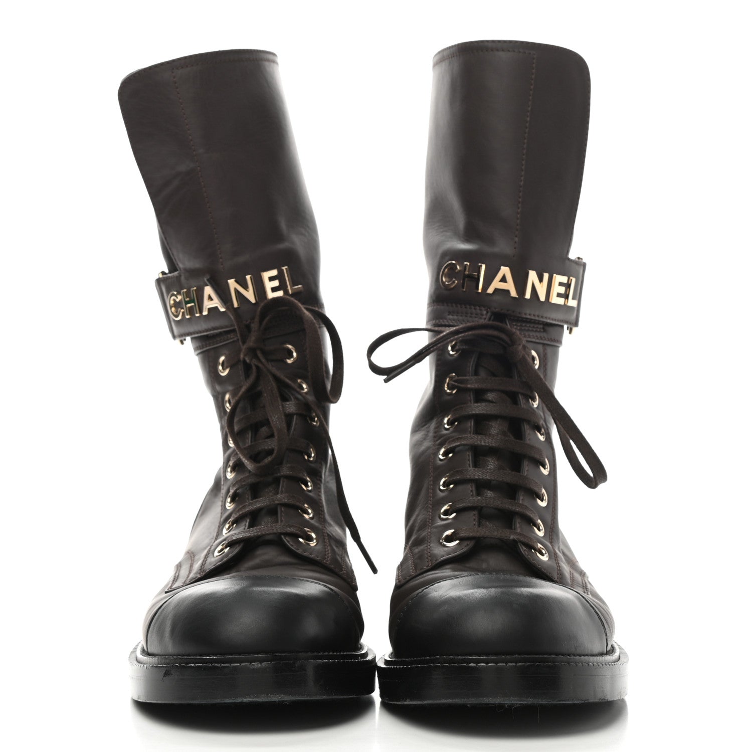 Chanel Shiny Calfskin Lace Up Combat Boots 38.5 Dark Brown Black 2 of 10