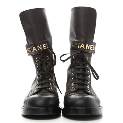 Chanel Shiny Calfskin Lace Up Combat Boots 38.5 Dark Brown Black 2 of 10