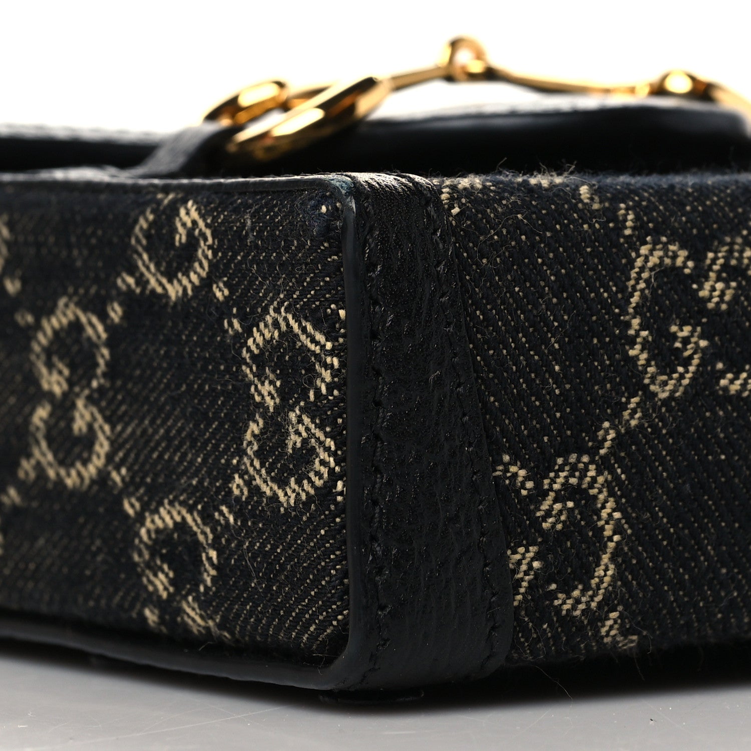 Gucci Jacquard Black Denim GG Monogram Textured Dollar Calfskin Mini Horsebit 1955 Crossbody Bag Black Ivory 9 of 11