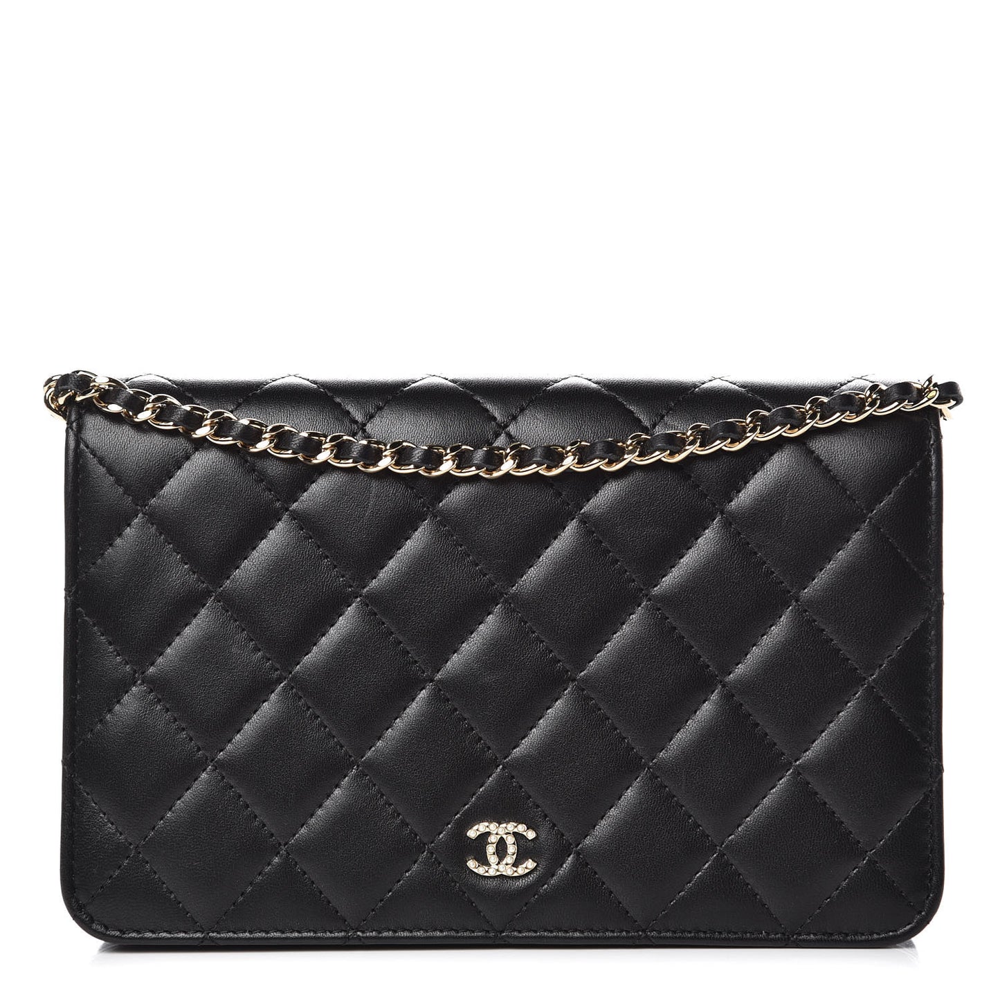 Lambskin Quilted Pearl Wallet On Chain WOC Black