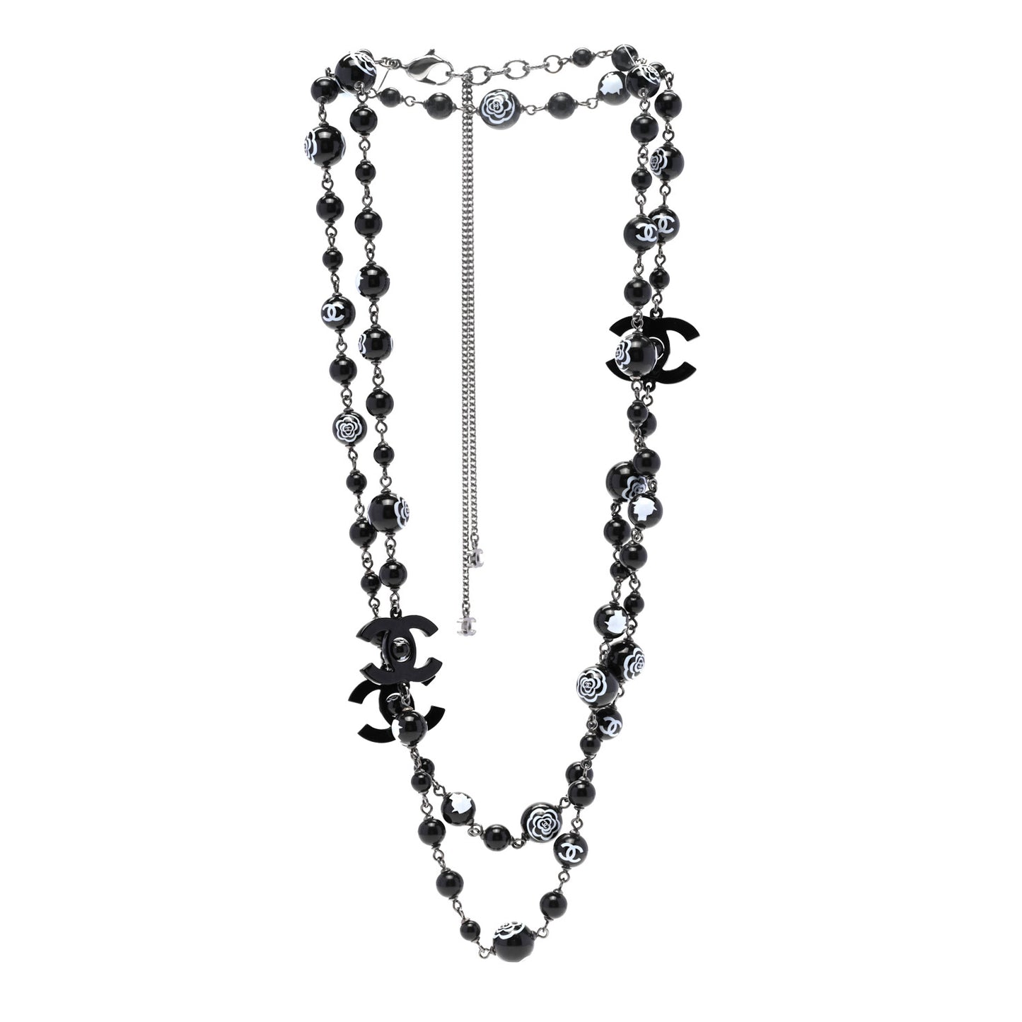 Ruthenium Pearl Beaded Camelia CC Long Necklace Black