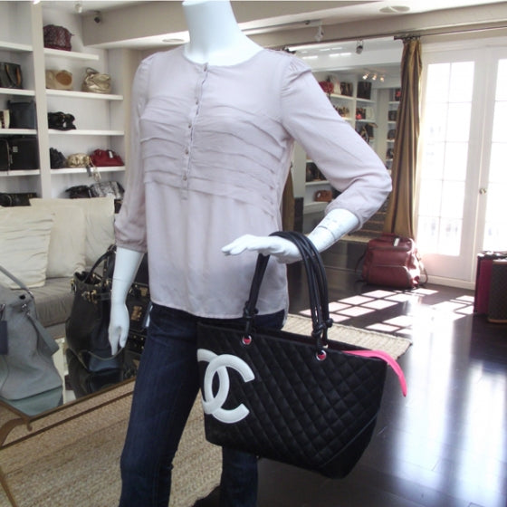 Calfskin Quilted Large Cambon Tote Black White