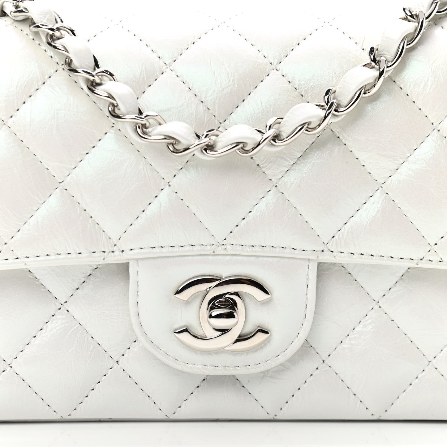 Iridescent Calfskin Quilted Mini Rectangular Flap White