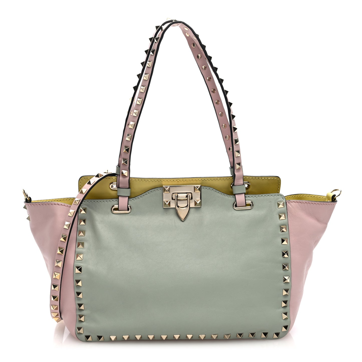 Vitello Watercolor Small Rockstud Tote Rose Green Yellow Sky