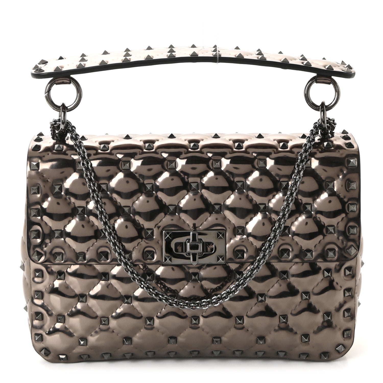 Valentino Garavani Metallic Patent Medium Rockstud Spike Shoulder Bag Rutenio 1 of 9