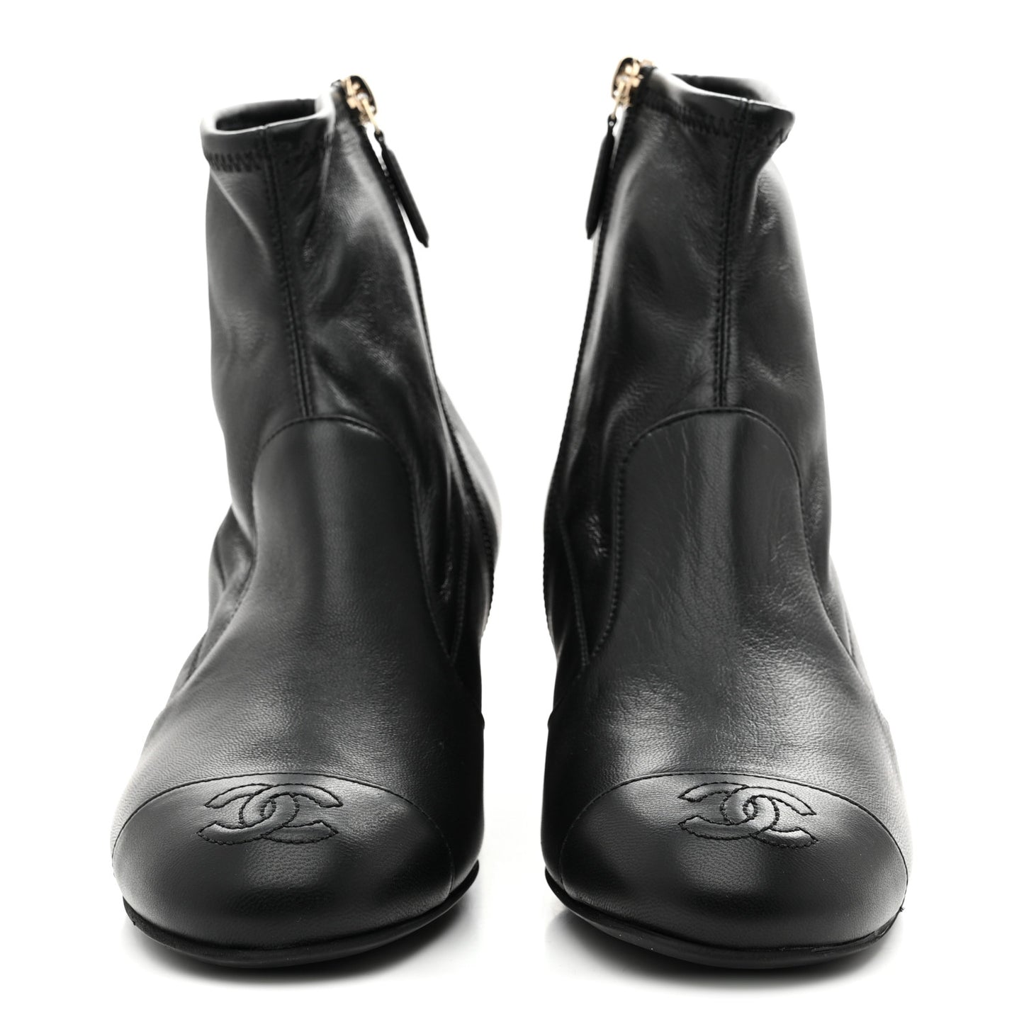 Stretch Lambskin Cap Toe CC Uniform Short Boots 36 Black