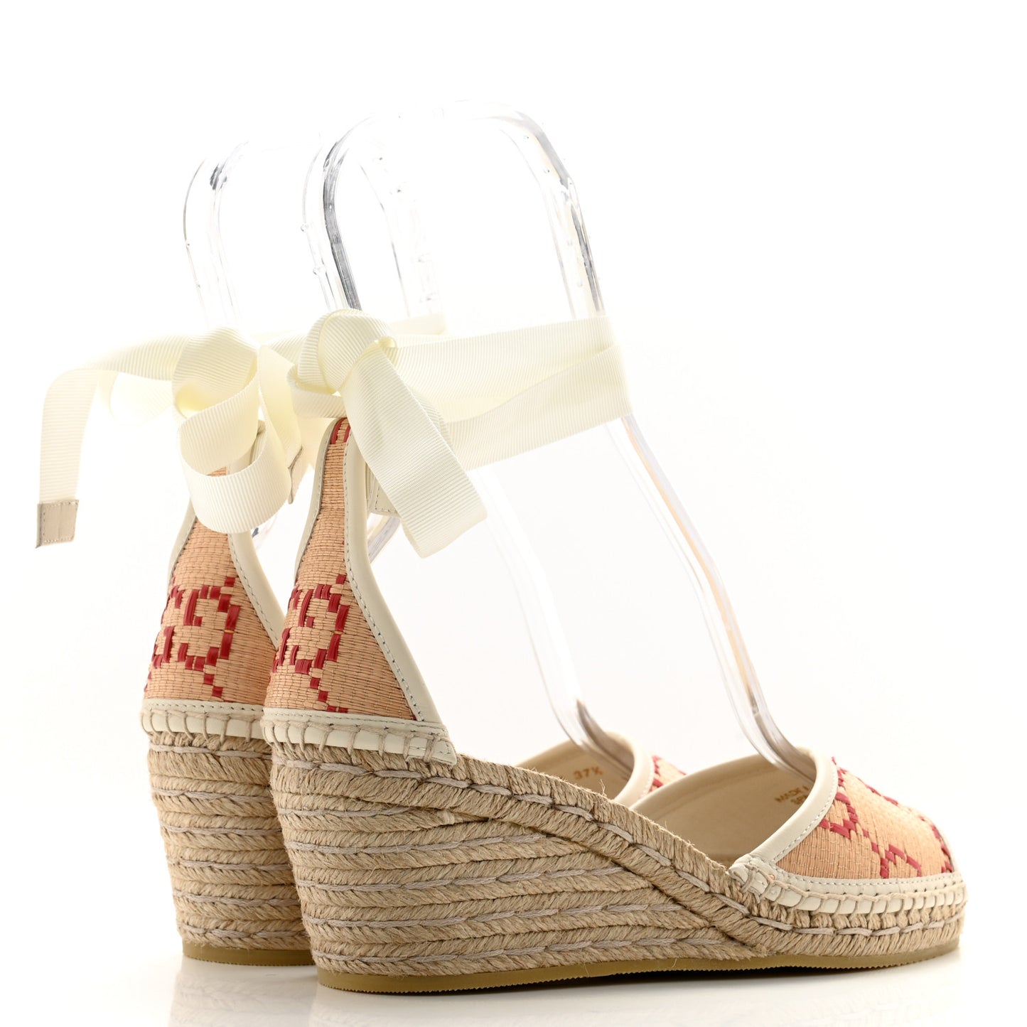 GG Raffia Monogram Ankle Wrap Platform Espadrille Wedge Sandals 37.5 Beige