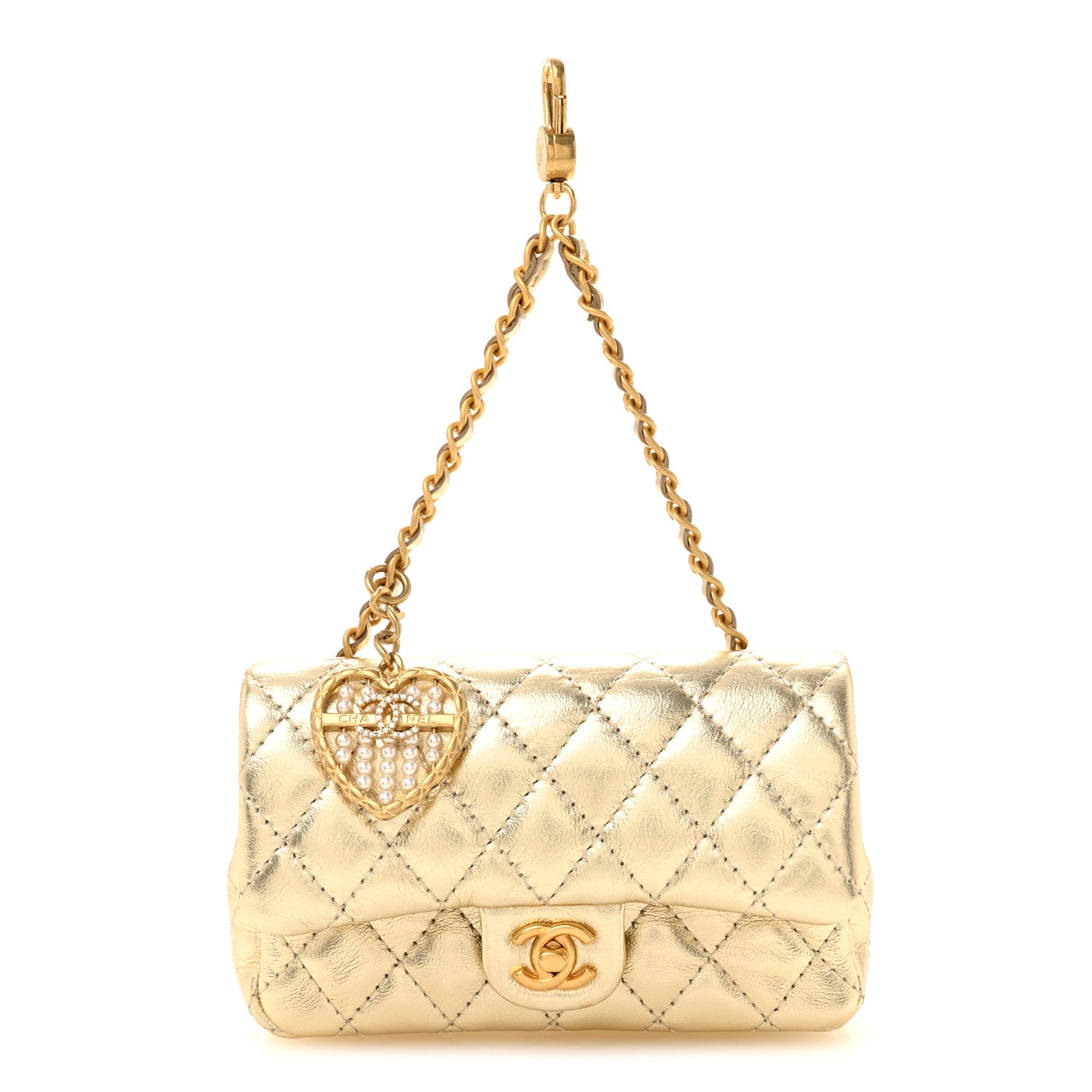 Chanel Metallic Calfskin Quilted Mini Flap Bag Charm With Hook Golden Golden 1 of 8