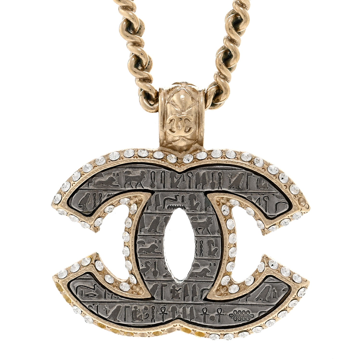 Chanel Metal Crystal Scarab CC Necklace Gold Silver 4 of 5
