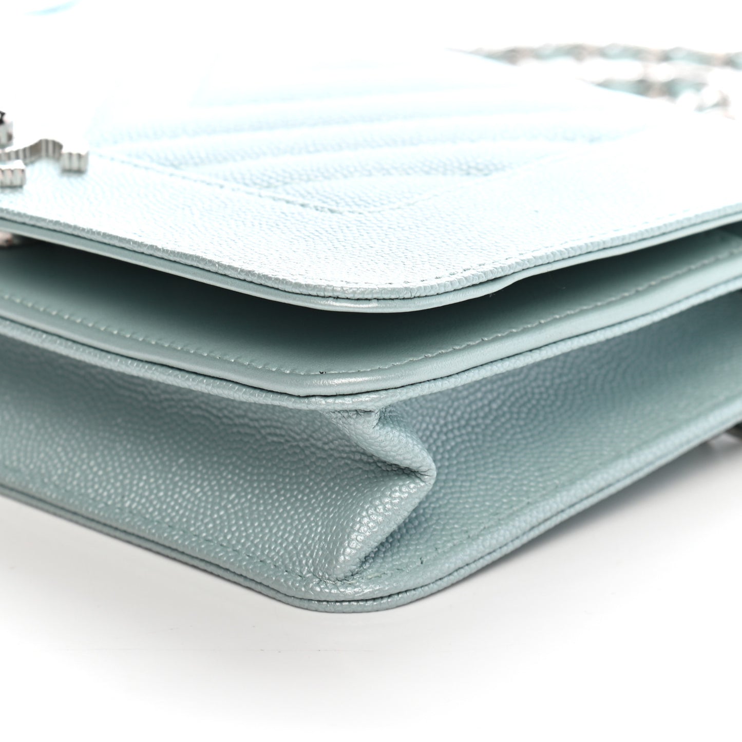 Metallic Caviar Chevron Quilted Vintage Mademoiselle Wallet On Chain WOC Light Blue
