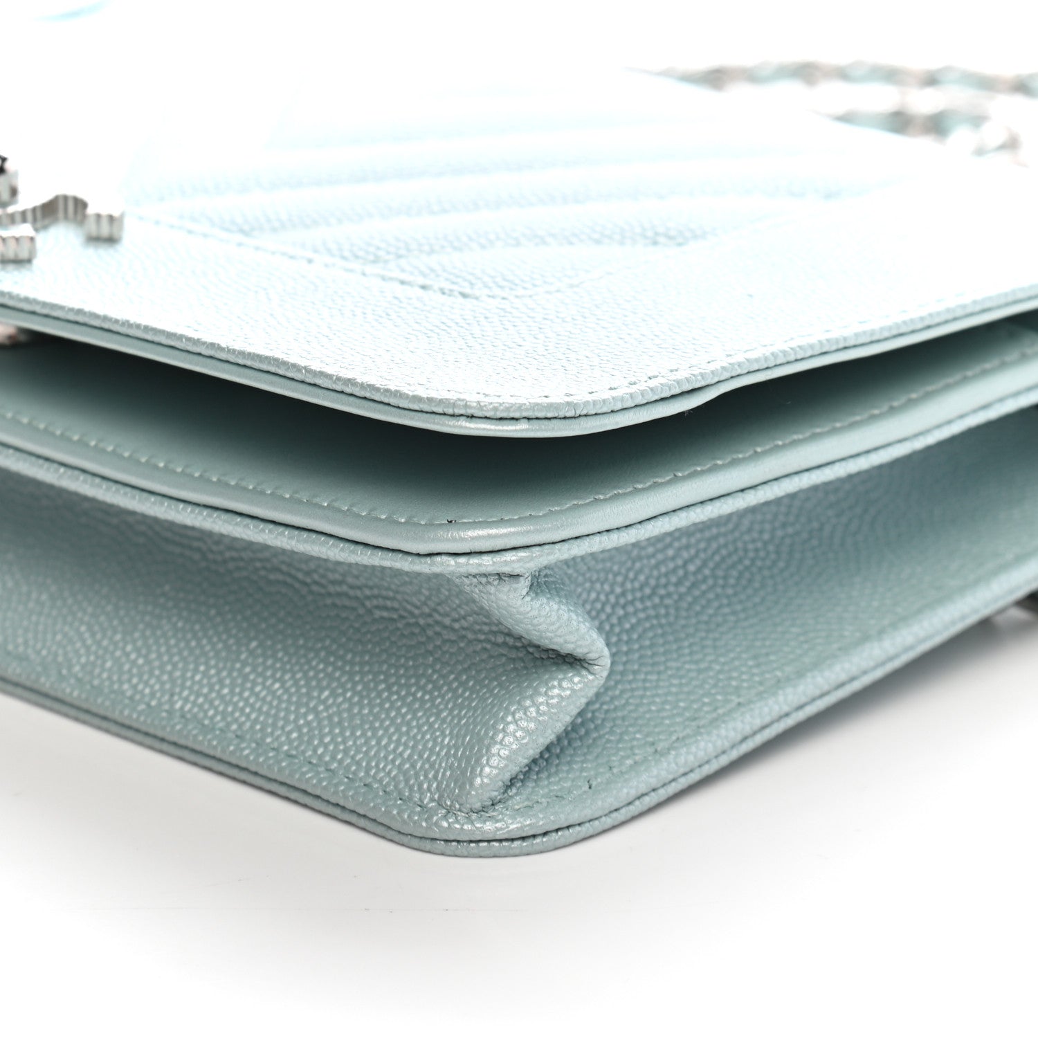 Chanel Metallic Caviar Chevron Quilted Vintage Mademoiselle Wallet On Chain WOC Light Blue 9 of 9