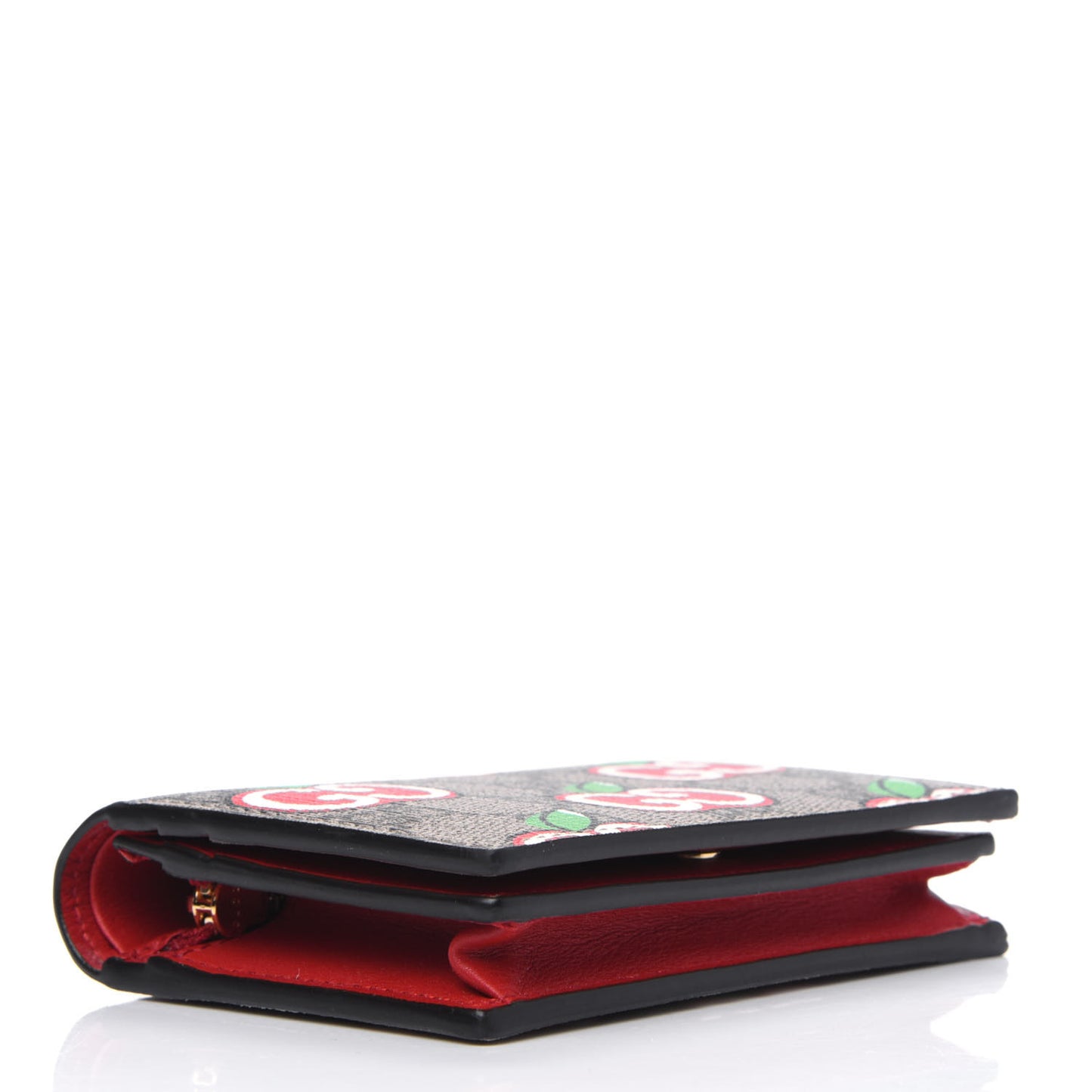 GG Supreme Monogram Apple Card Case Wallet Beige Multicolor Lobster Red