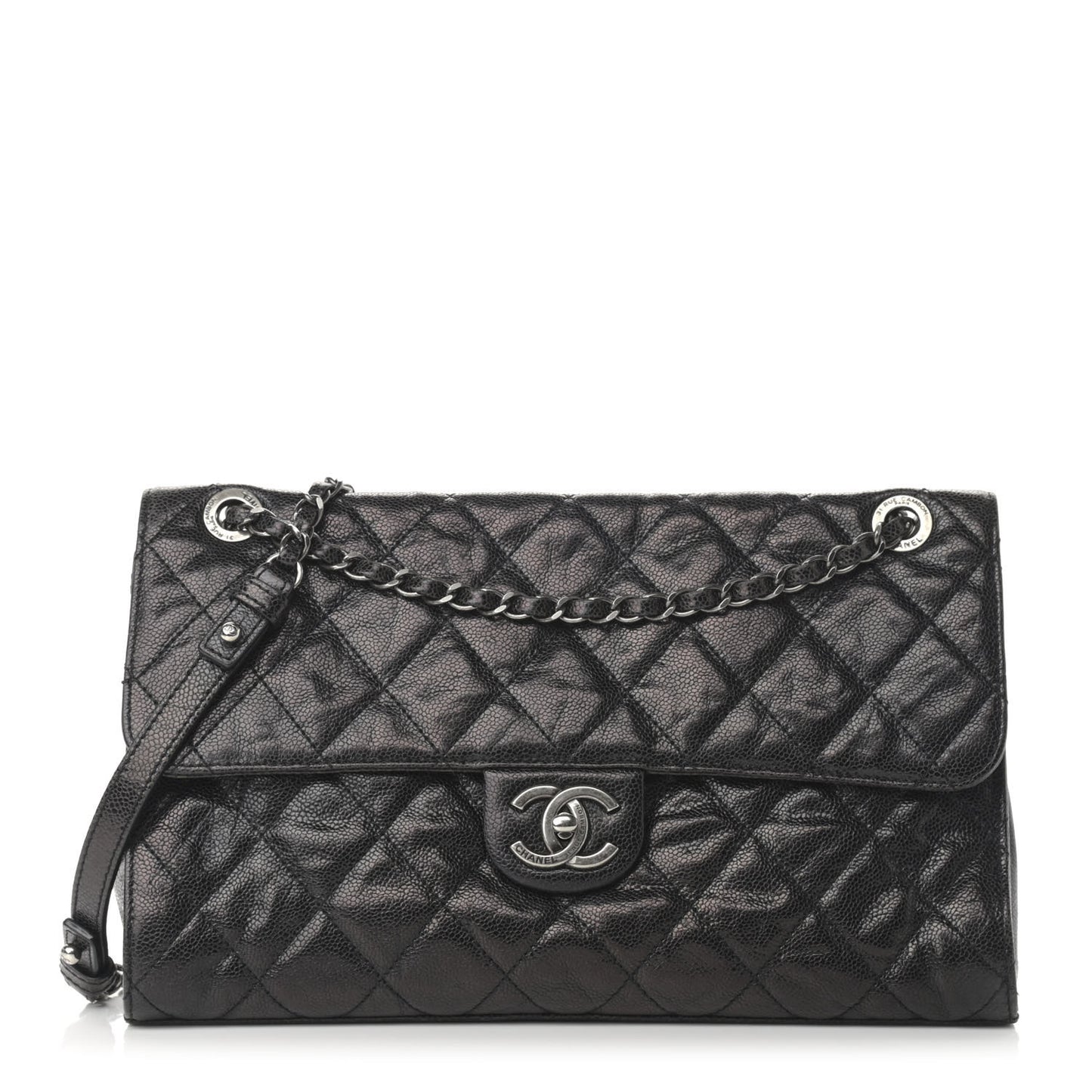 Crumpled Grained Calfskin Jumbo CC Crave Flap Black